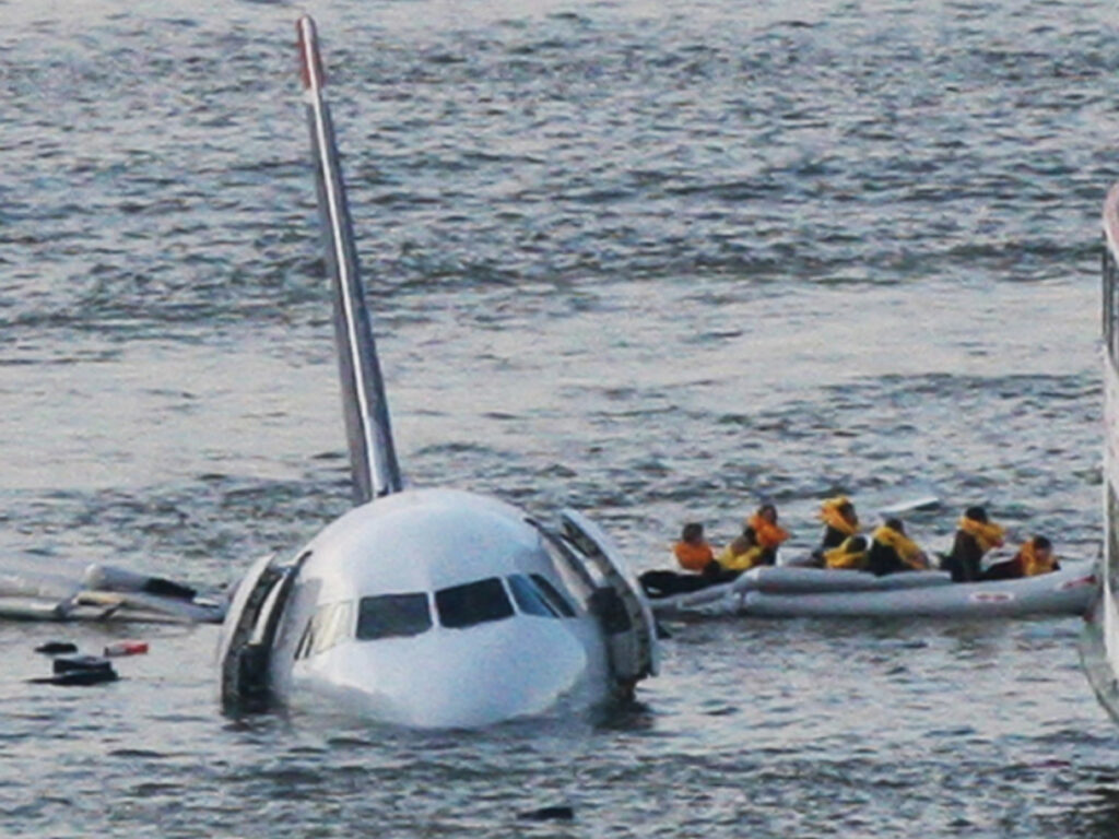 a plane, US Airways flight 1549, shown half submerged in water following an amergency landing in January 2009 on the Hudson River, New York