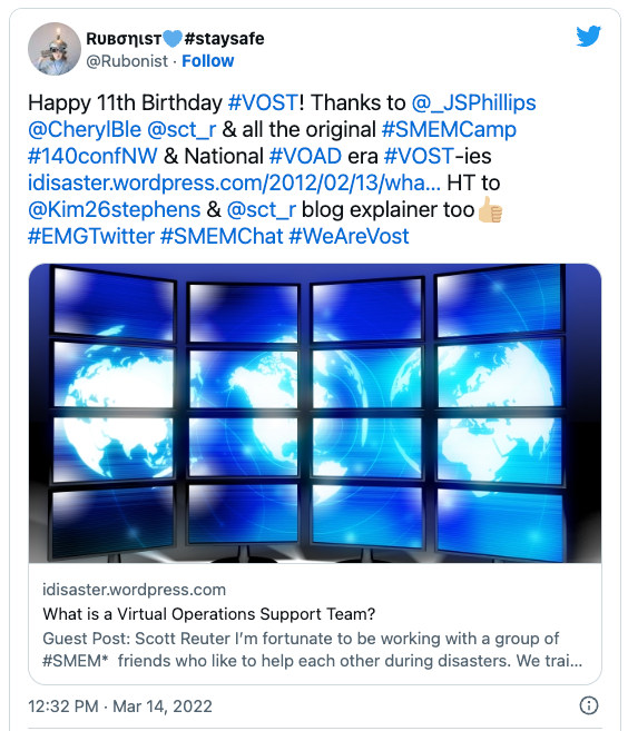 a screen grab of a tweet with the test: Happy 11th Birthday #VOST! Thanks to @_JSPhillips @CherylBle @sct_r & all the original #SMEMCamp #140confNW & National #VOAD era #VOST-ies