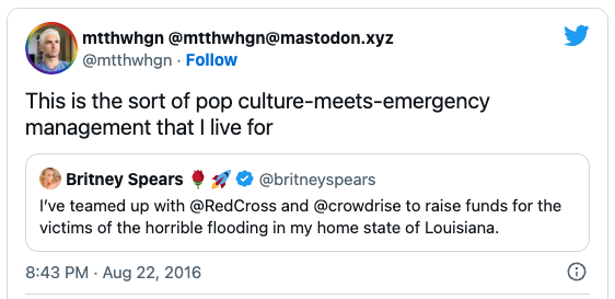 tweet reads: I’ve teamed up with @RedCross and @crowdrise to raise funds for the victims of the horrible flooding in my home state of Louisiana.