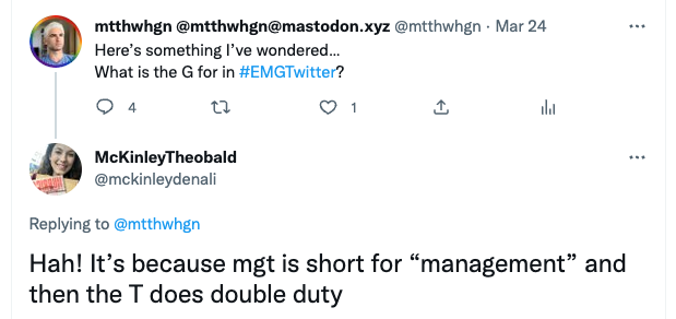 Tweet reads: Here’s something I’ve wondered… What is the G for in #EMGTwitter?