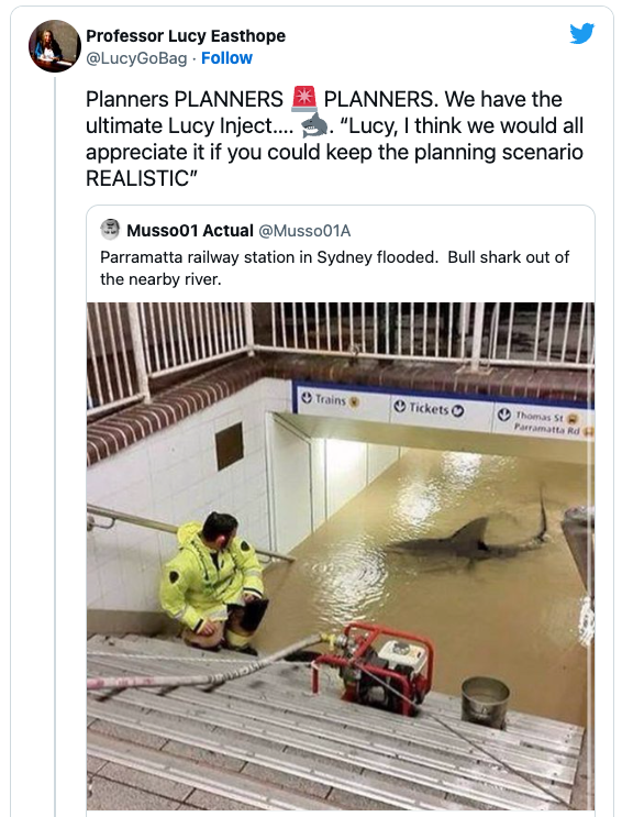 A manipulated photo posted with a tweet which reads:Parramatta railway station in Sydney flooded. Bull shark out of the nearby river.