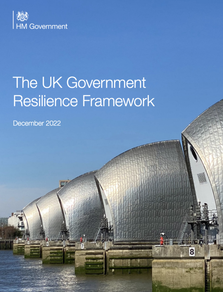 Cover of the UK Government Resilience Framework shoing the Thames Barrier on a blue sky day